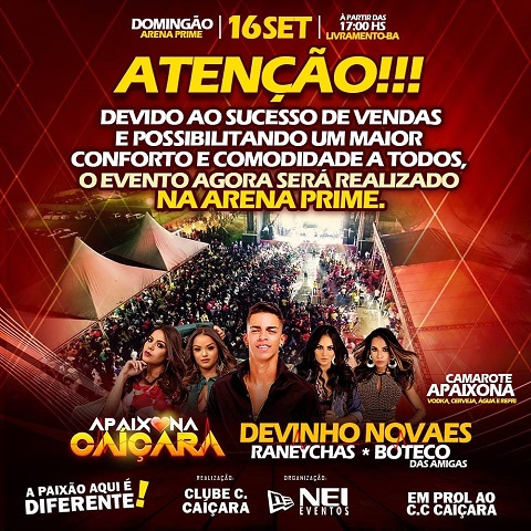 APAIXONA CAIÇARA: DEVIDO AO GRANDE SUCESSO DE VENDAS O SHOW SERÁ REALIZADO NO ARENA PRIME